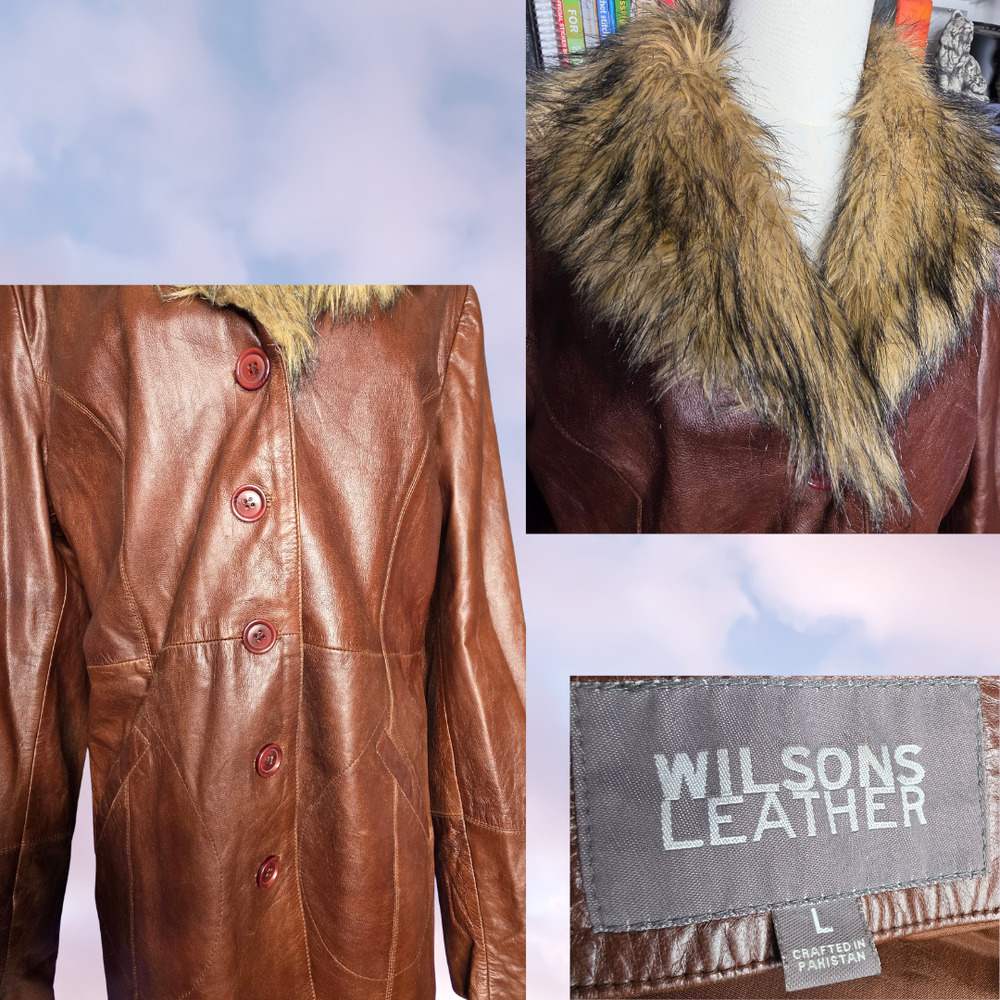 Vtg 90s Wilsons Leather Long Brown Faux Fur Collar Pennylane Trench Coat Sz L - Picture 6 of 9